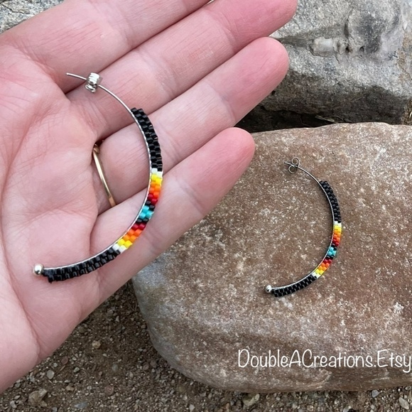 Black with Native Colors Bead Half Hoops, New, Handmade By Me - Picture 4 of 11